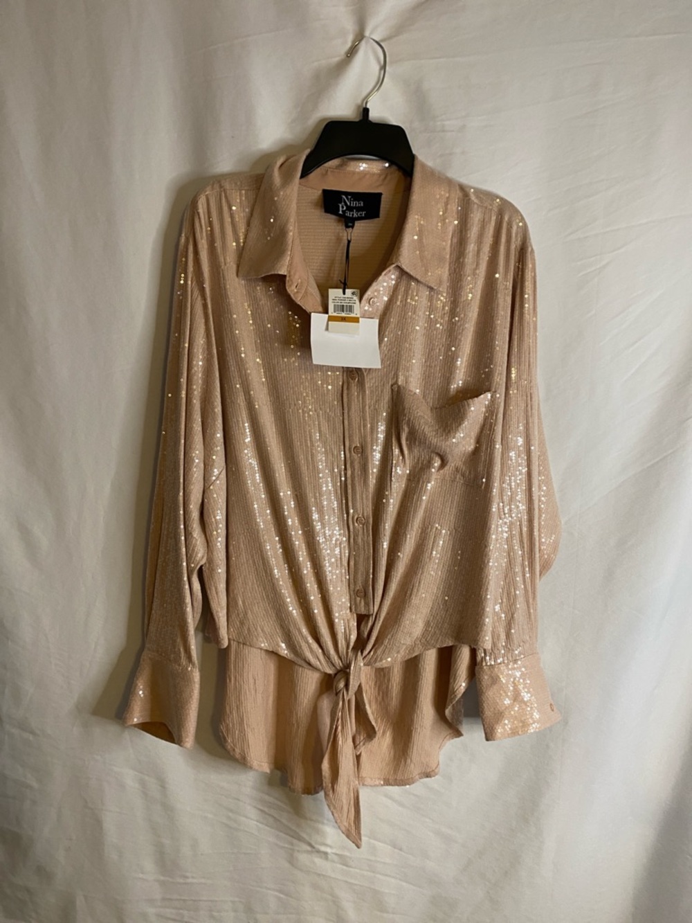 Nina Parker Plus Size Sequin Button Front Shirt Women's 3x blush pink Tie front